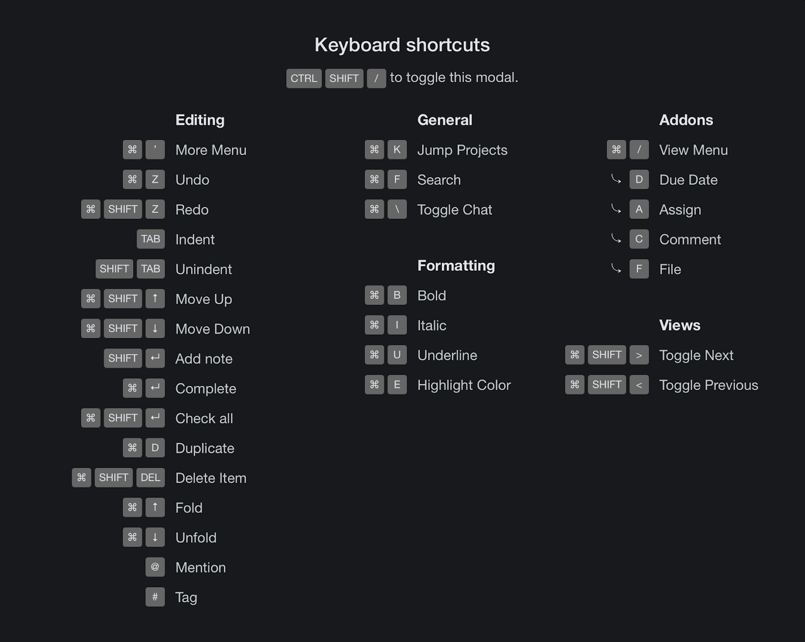 Taskade full keyboard shortcuts list