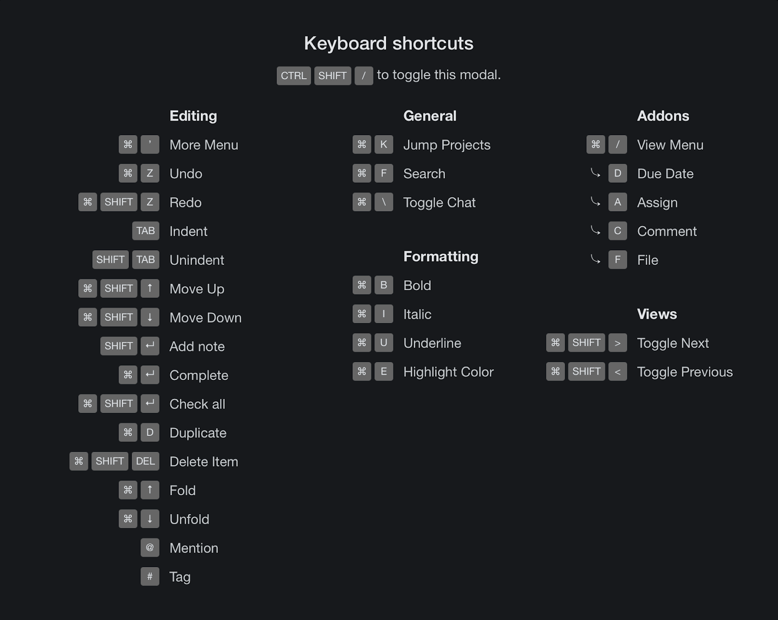 Taskade keyboard shortcuts