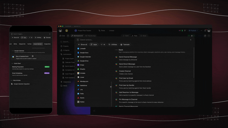 Calendar list-events and free-busy actions inside a Taskade automation flow