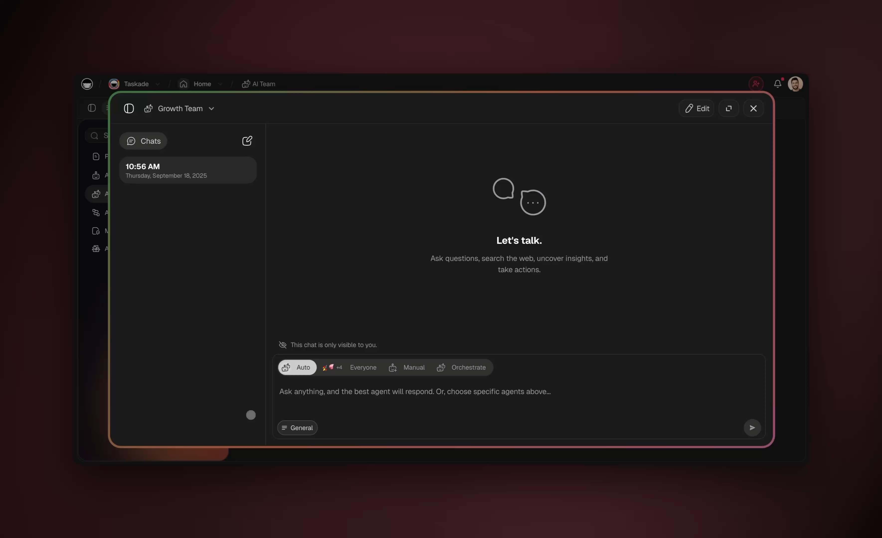 Multi-agent collaboration in Taskade — agents working together in real time.
