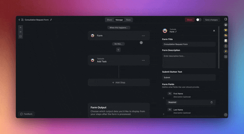 Smart Feedback Form — Taskade Genesis form submission UI with AI feedback categorization