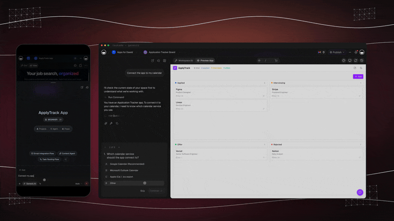 Taskade EVE asking a clarifying question while it builds an app, with each build step shown in order