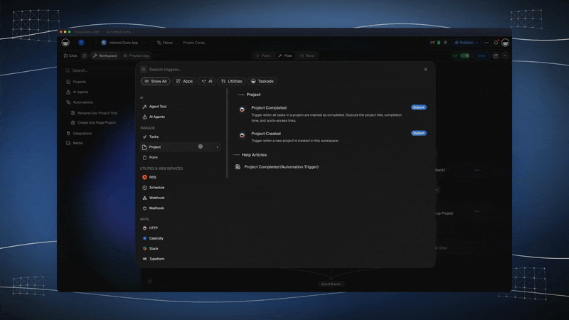 Connected workflows in Taskade moving work between Gmail, Jira, and Stripe in one automation