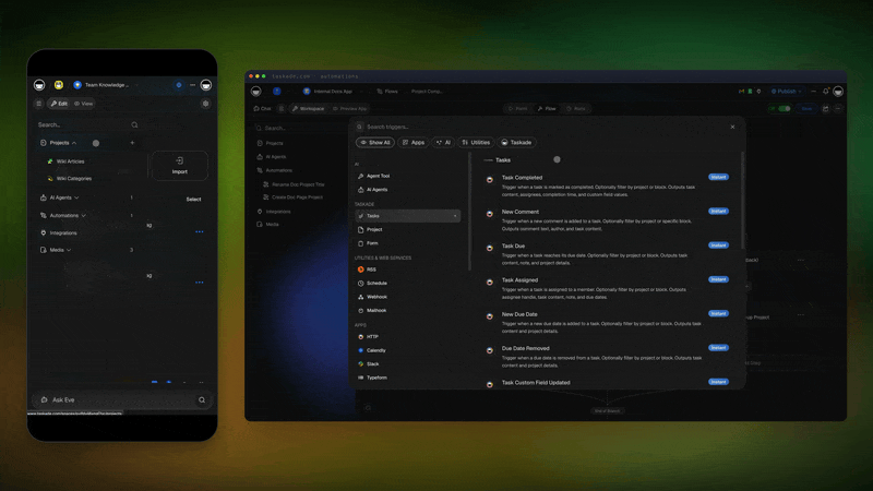 The All Runs tab in a Taskade workspace, filtering runs by status and opening one run to its steps