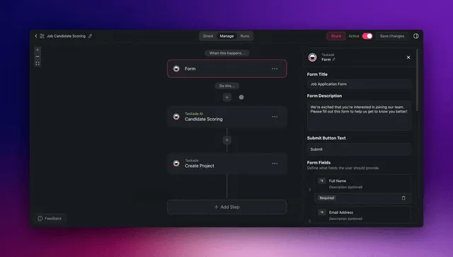 Taskade categorizing inbound items with AI inside an automation, routing each to the correct workflow