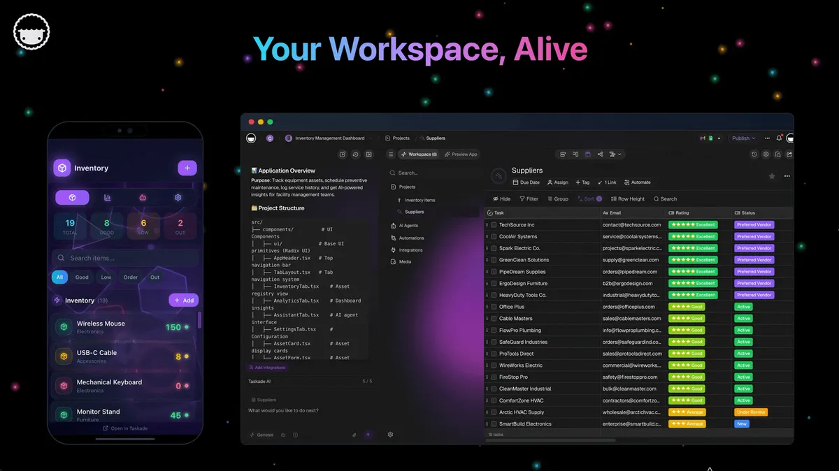 Your workspace, alive: a Taskade Genesis app on phone and desktop, running on the projects, agents, and automations in the workspace underneath it