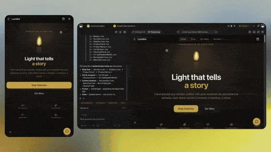 A storefront website URL pasted into Taskade Genesis, and the live app Taskade EVE builds from it