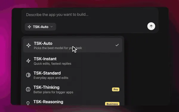 The Taskade Genesis prompt box with the model menu open: TSK-Auto picks the best model, with TSK-Instant, TSK-Standard, TSK-Thinking, and TSK-Reasoning below it